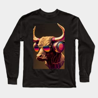 Psychedelic bull with sunglasses and headphones Long Sleeve T-Shirt